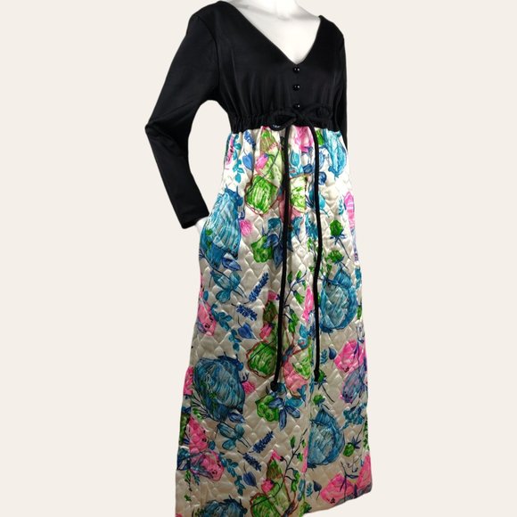 Vintage 1960s Quilted Hostess Dress MOD Flower Power Maxi Dress Butterflies M - Picture 5 of 12